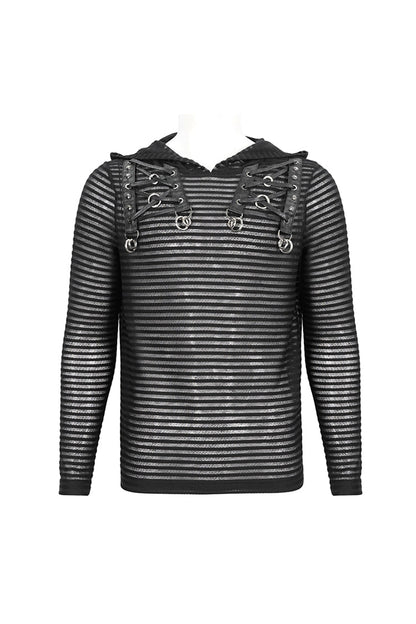 Black Striped Sheer Long Sleeve Punk Sweatshirt Hooded
