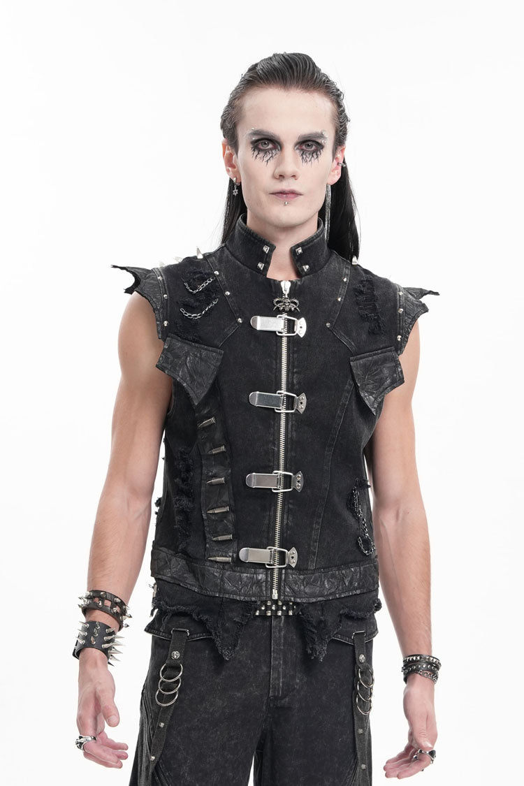 Black Stand Collar Sleeveless Rivets Chain Rings Gothic Vest