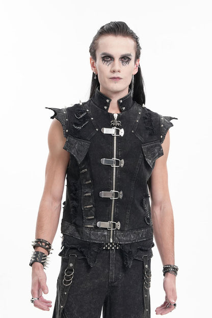 Black Stand Collar Sleeveless Rivets Chain Rings Gothic Vest