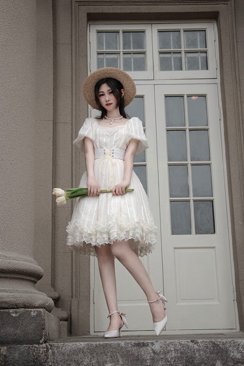 Tulip Square Collar Lantern Sleeves Multi-layer Ruffled Classic Lolita Op Dress Short Version