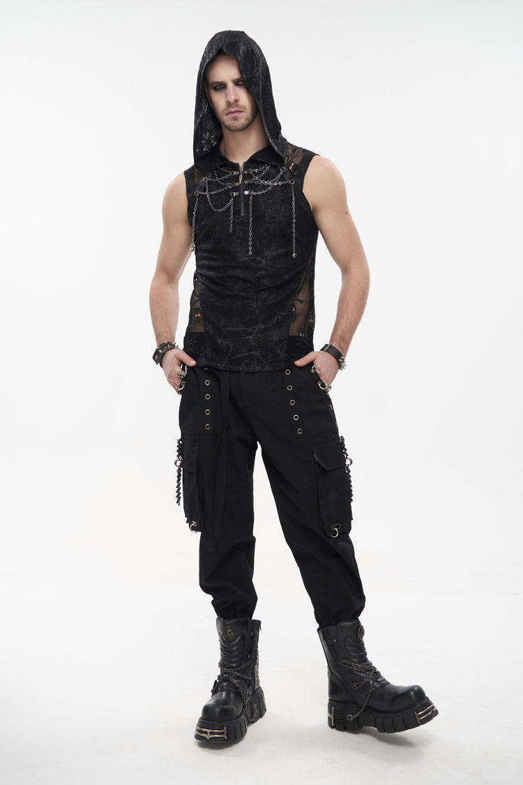 Black Skull Hollowed Out Print Stitched Sleeveless Chain Hoodie Punk Shirt
