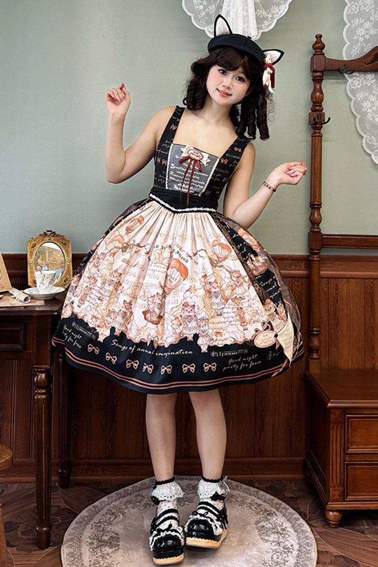 Black [fox Band] Print Square Collar Bowknot Classic Lolita Jumper Dress