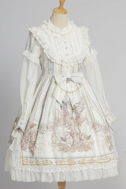 Round Collar Ruffled Long Sleeves Reunion World Print Classic Lolita Op Dress