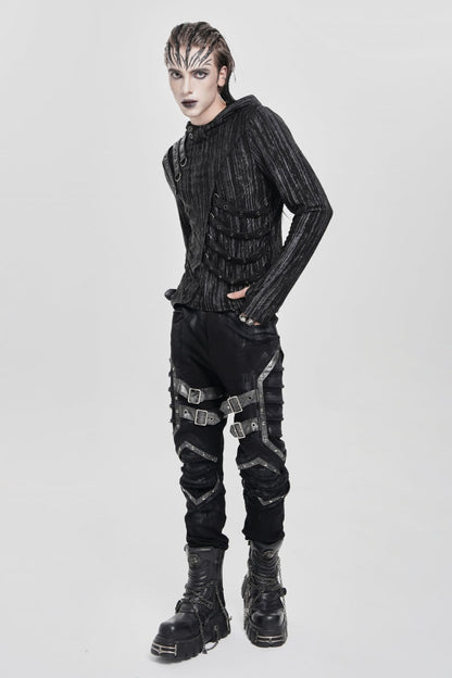 Black Long Sleeves Irregular Hooded Straps Eyelet Punk Blouse