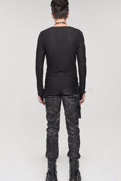 Black Gothic Asymmetry Drawstring Decoration Coarse Net Shirt