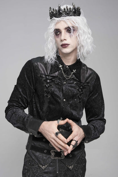 Black Lapel Collar Long Sleeves Print Embroidery Lace-up Gothic Blouse