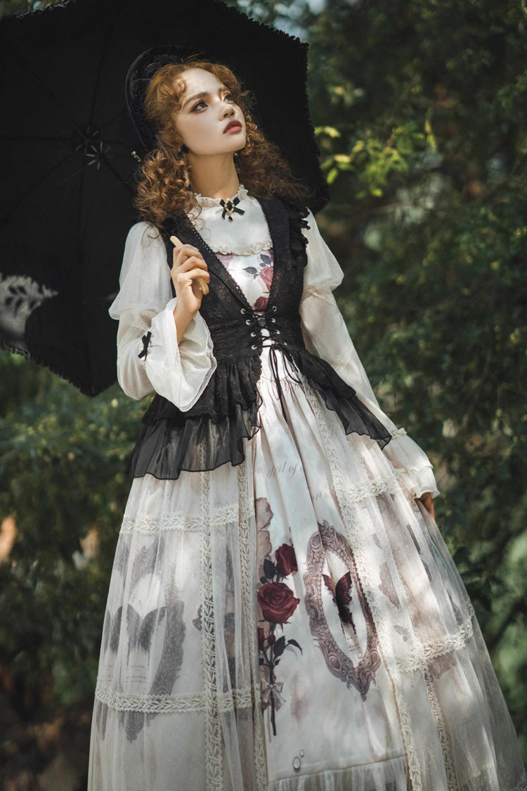 Multi-color Long Sleeves Print Ruffle French Princess Classic Gothic Lolita Dress Set