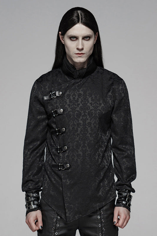 Black Stand Collar Long Sleeves Print Buckle Punk Blouse