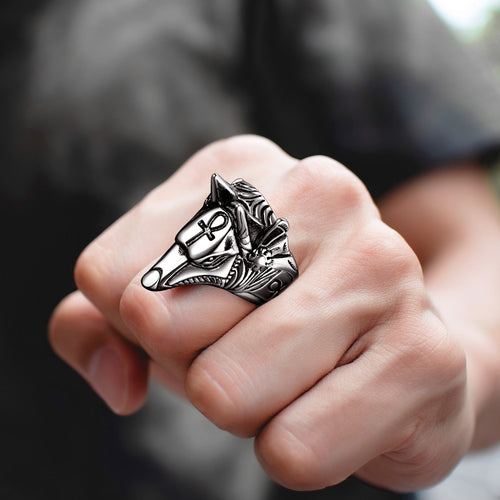 Ancient Egyptian Anubis Ring With Ankh Cross for