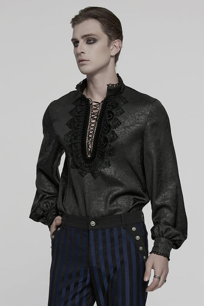 Black Stand Collar Long Sleeves Ruffle Embroidery Lace-up Plunging Rose Gothic Blouse