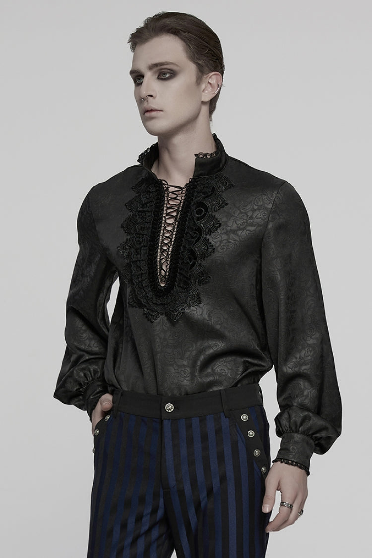 Black Stand Collar Long Sleeves Ruffle Embroidery Lace-up Plunging Rose Gothic Blouse