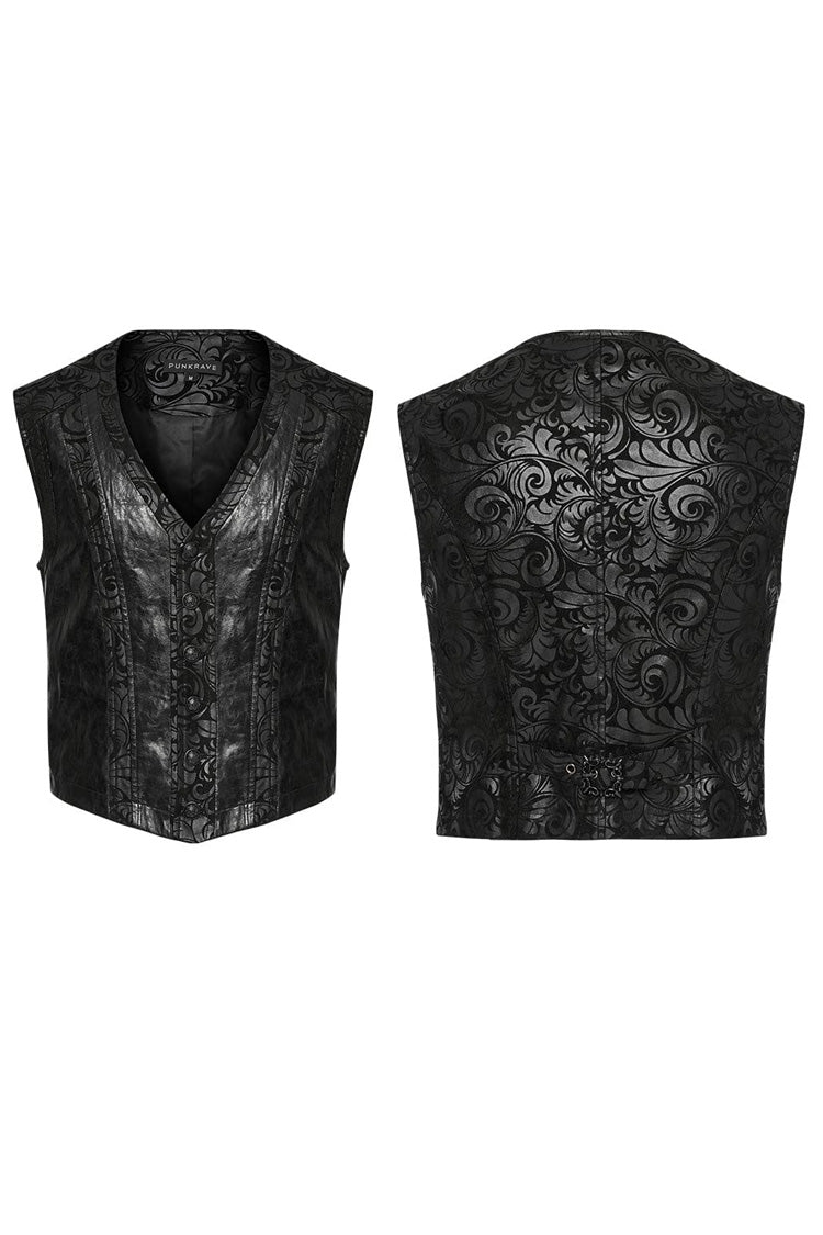 Black V Collar Sleeveless Exquisitely Carved Print Faux Leather Gothic Vest