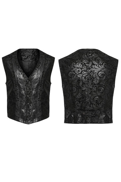 Black V Collar Sleeveless Exquisitely Carved Print Faux Leather Gothic Vest