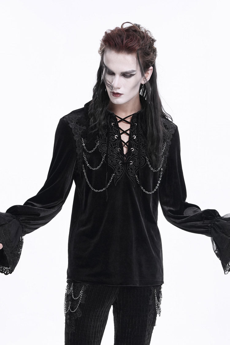 Black V Collar Long Sleeves Lace-up Chain Gothic Blouse