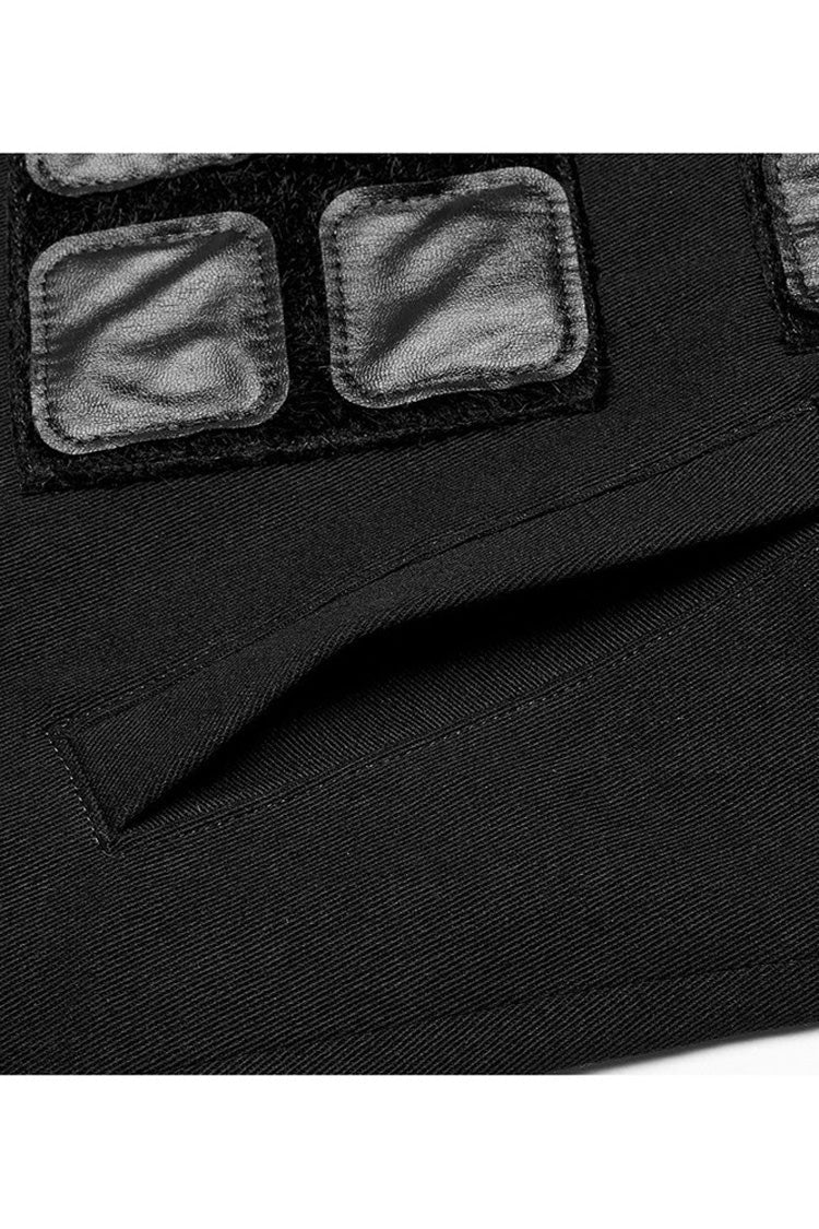 Black Punk High Collar Front Geometric Patterns Splicing Design Shoulder Padded Webbing Buckle Twill Vest