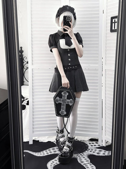 [pre-order Deadline: April 28] Black Pinstripe Tie Collar Short Jacket Dress Full Set + Jewel Casquette