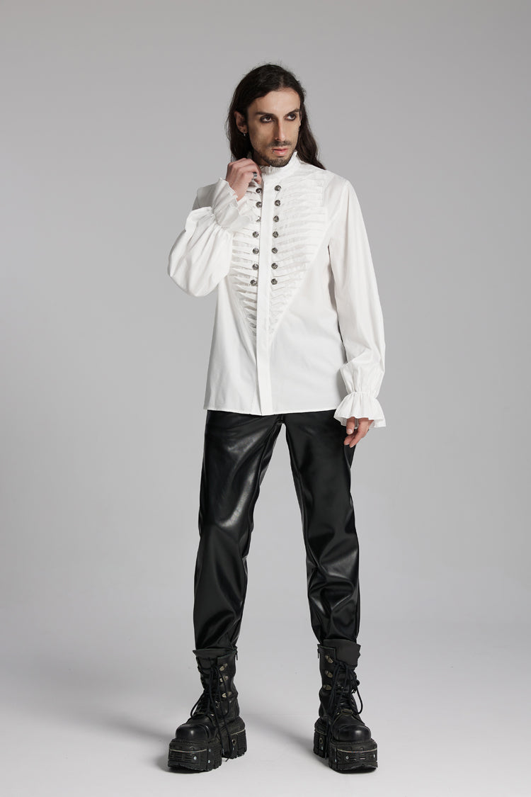White Stand Collar Beast Buckle Long Sleeves Ruffle Gothic Blouse