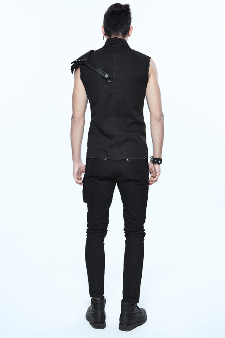 Black Sleeveless Twill One-shoulder Armor Heat Seal Punk Shirt