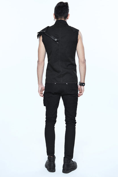 Black Sleeveless Twill One-shoulder Armor Heat Seal Punk Shirt