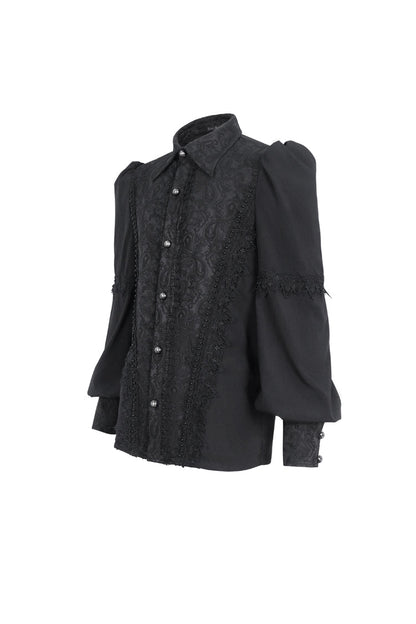 Black Lapel Collar Lantern Sleeves Jacquard Embroidery Gothic Blouse