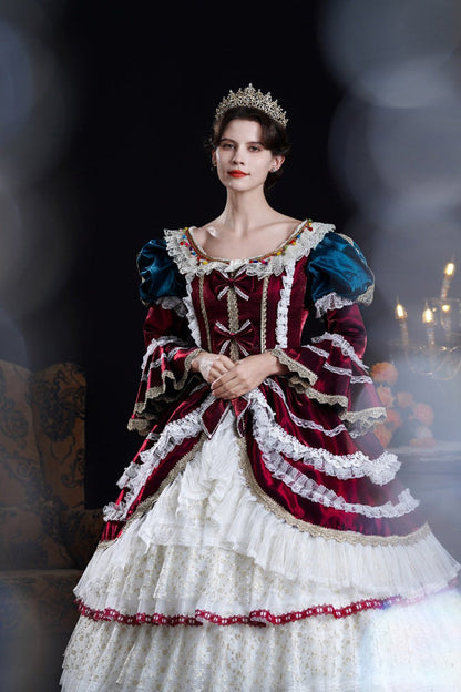 Wine/ivory Round Collar Long Hime Sleeves Triple-layered Ruffled Open-front Bow Lace Classic Palace Lolita Victorian Dress