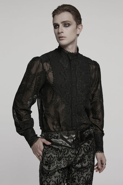 Black Stand Collar Chiffon Long Sleeves Hollow Embroidery Gothic Blouse