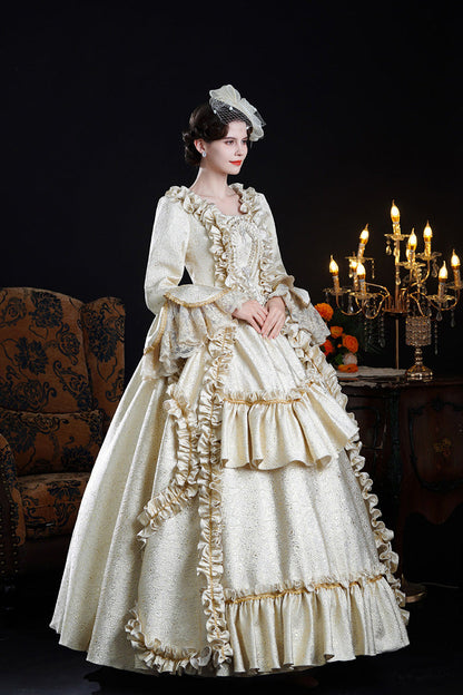 Champagne Square Collar Long Trumpet Sleeves Double-layered Ruffled Open-front Classic Palace Lolita Victorian Dress