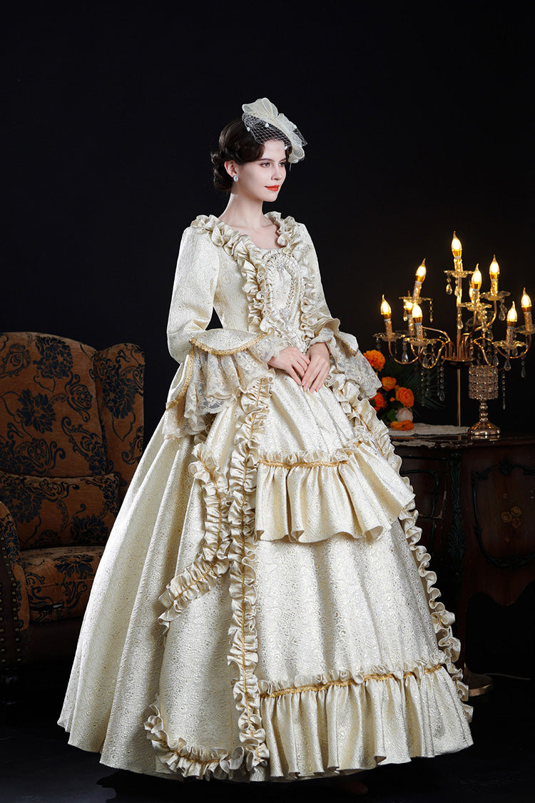 Champagne Square Collar Long Trumpet Sleeves Double-layered Ruffled Open-front Classic Palace Lolita Victorian Dress