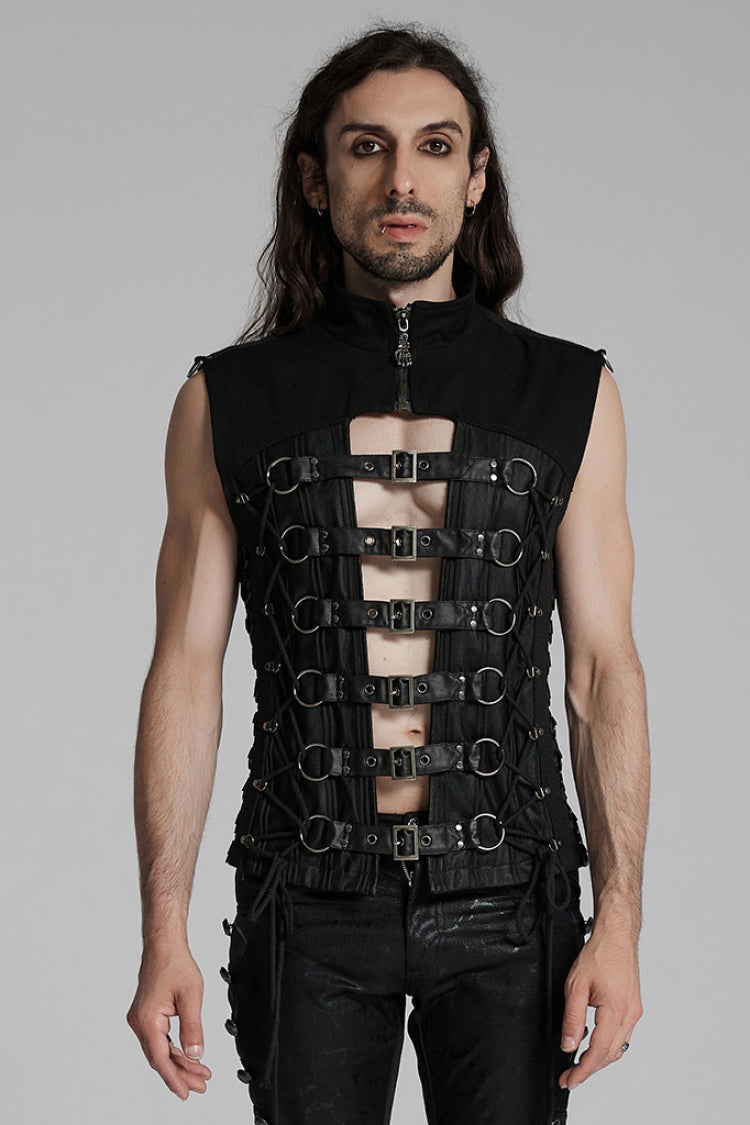Black Cut-out Buckled Strappy Spaghetti Punk Vest