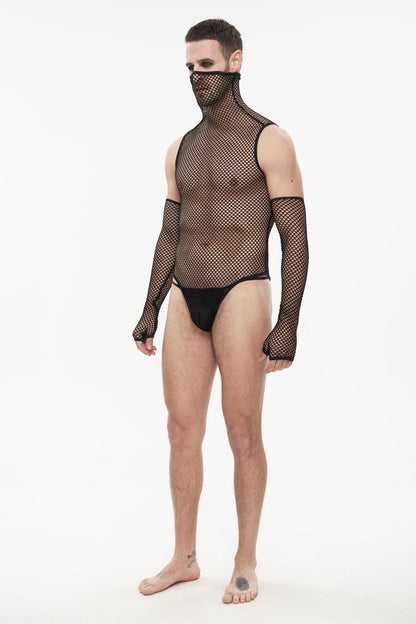 Black Transparent Mesh Super High Collar Masked Glove Thong Punk Onesie