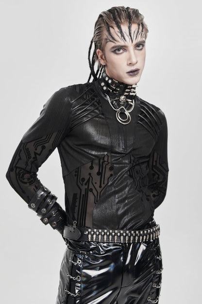 Black Long Sleeves Circuit Board Print Punk Blouse