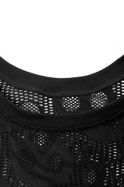 Black Long Sleeves Skull Print Lace Sheer Mesh Steampunk T-shirt