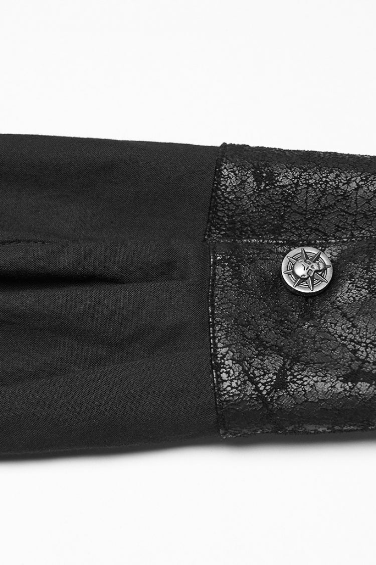 Black Lapel Collar Long Sleeves Stitching Buckle Straps Punk Blouse