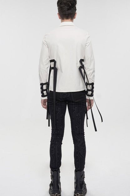 White Punk Nylon Strap Metal Buckle Decoration Long Sleeve Elasticity Thick Shirt