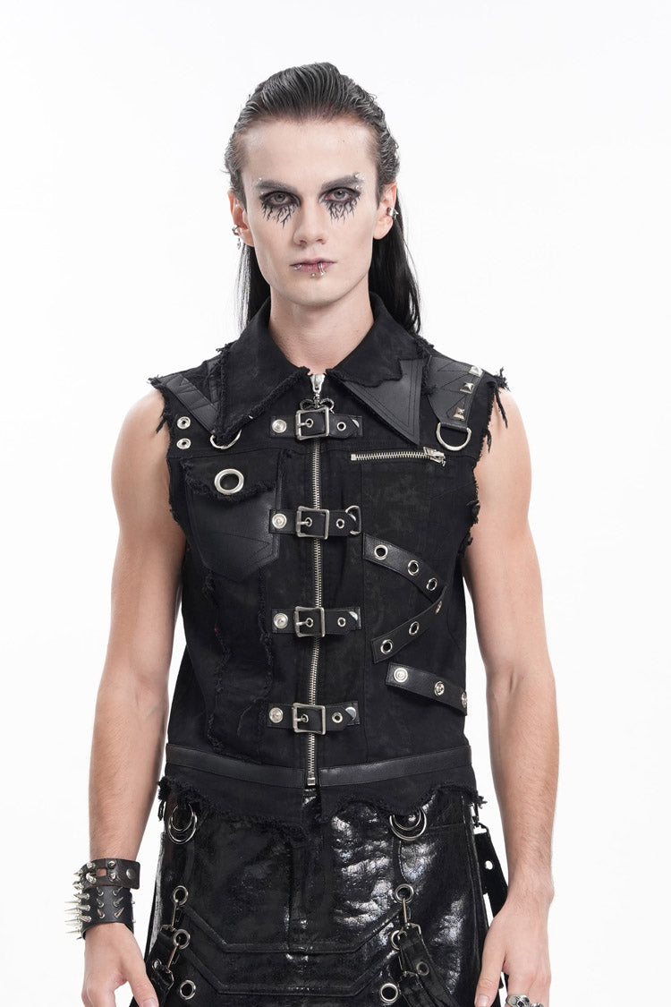 Black Lapel Collar Sleeveless Ripped Buckle Eyelets Gothic Vest
