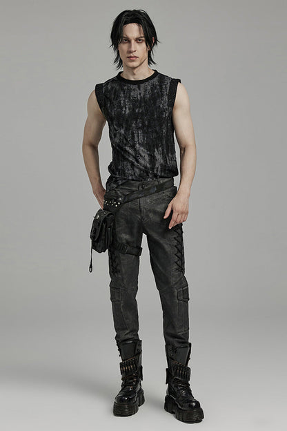 Black/grey Round Collar Sleeveless Print Ripped Distressed Eyelet Gothic Tank Top