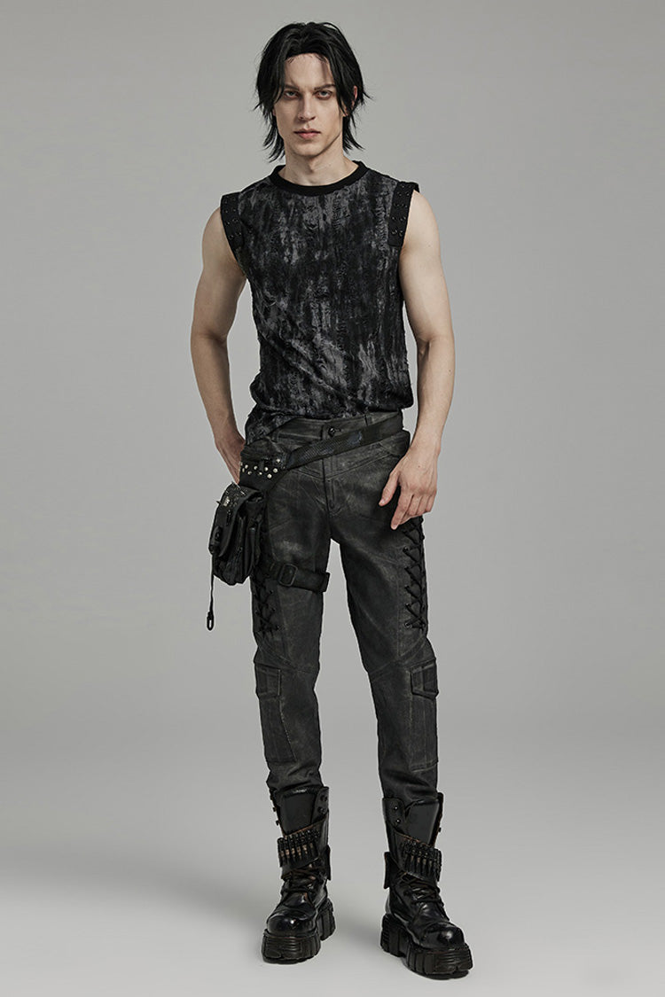 Black/grey Round Collar Sleeveless Print Ripped Distressed Eyelet Gothic Tank Top