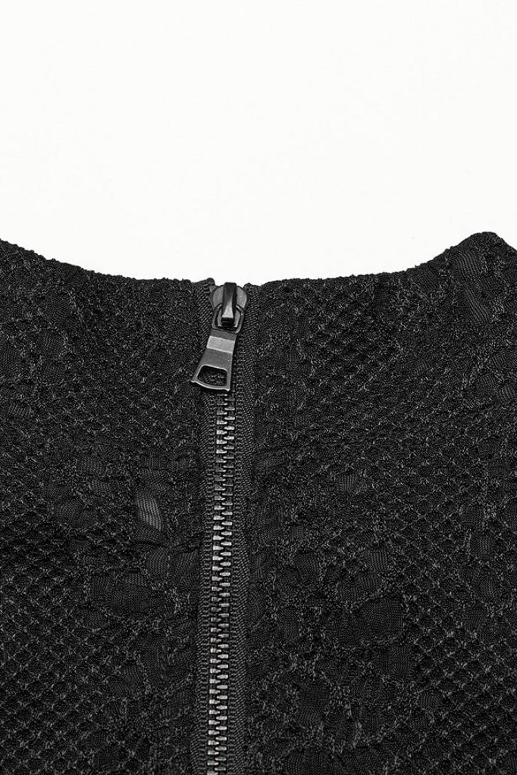 Black Round Collar Long Sleeves Jacquard Symmetrical Rope Gothic T-shirt