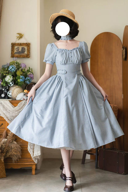 Light Blue [chantilly Forest] Square Collar Short Sleeves Striped Printed Ruffled Classic Lolita Dress