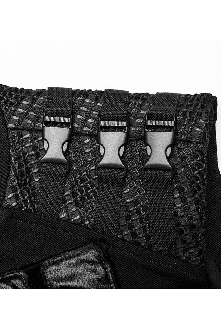 Black Punk High Collar Front Geometric Patterns Splicing Design Shoulder Padded Webbing Buckle Twill Vest