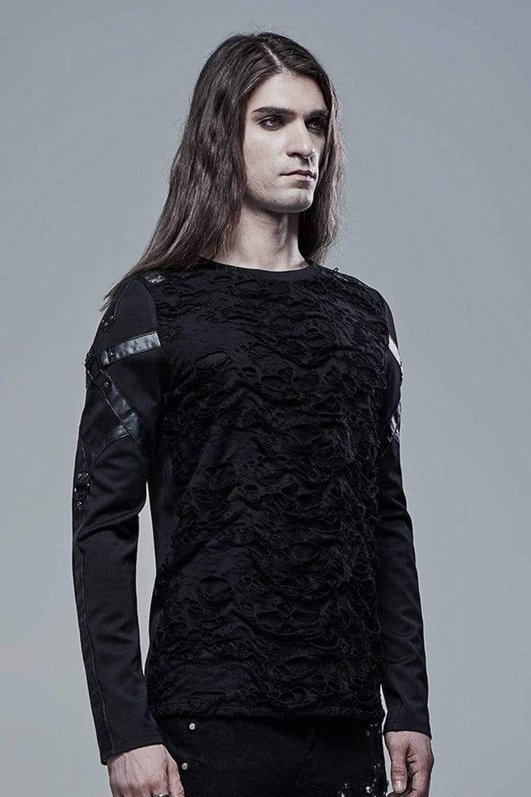 Black Long Sleeve Leather Strap Decoration Broken Holes Knit Punk T-shirt