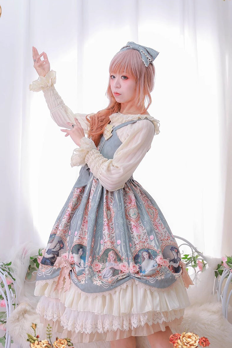 [portrait of a Little Lady] Print Ruffle Bowknot Lace Classic Lolita Jsk Dress 3 Colors