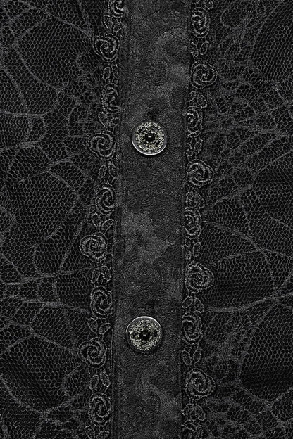 Black Stand Collar Long Puff Sleeves Jacquard Print Lace Gothic Blouse