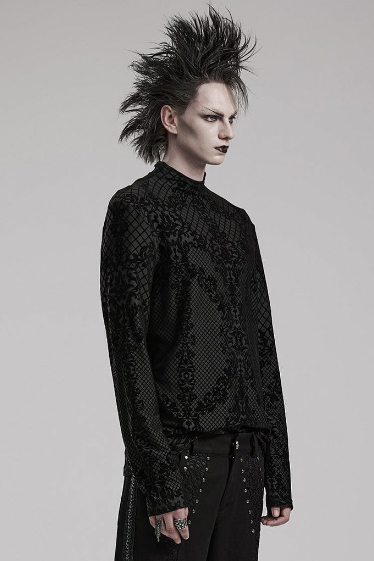 Black High Collar Long Sleeves Flocking Print Gothic T-shirt