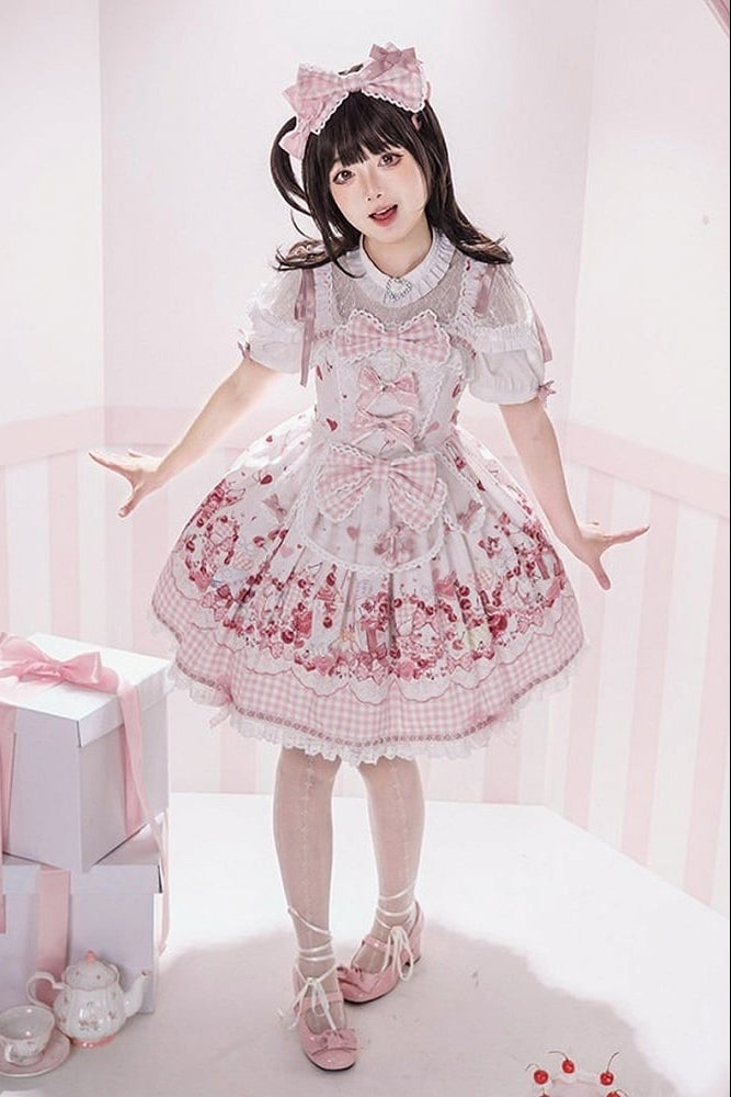 [pre-order Deadline: May 5] Pink Cherry Print Lace Ribbon Bunny Ear Apron Jsk Dress + Accessories