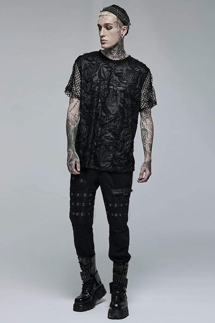 Black Punk Irregular Ripped Mesh Stitching Stretch Loose Knit Short Sleeved T-shirt