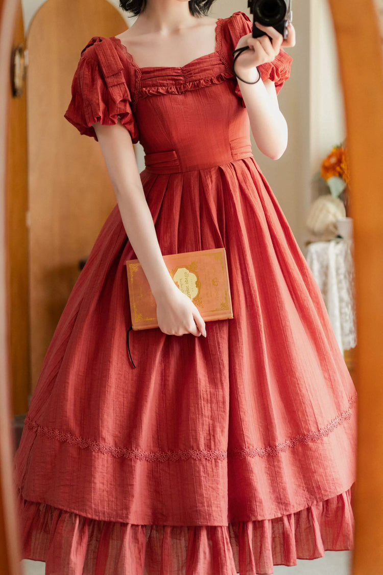 Red [forest Gallery] Square Collar Short Sleeves Ruffled Bow Classic Lolita Dress