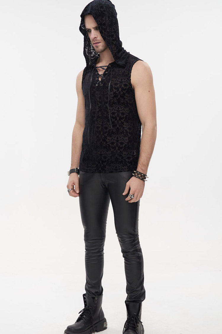 Black Punk Velvet Jacquard Chest Tie Sleeveless Hooded Shirt