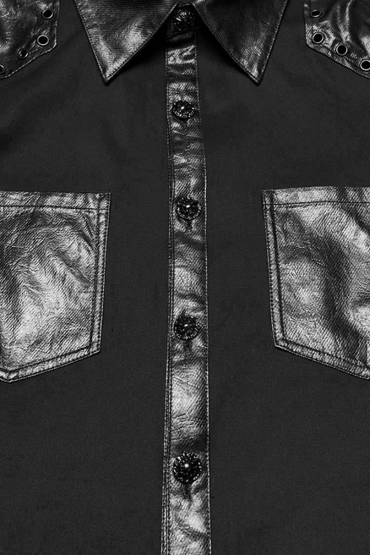 Black Lapel Collar Long Sleeves Stitching Eyelet Punk Blouse