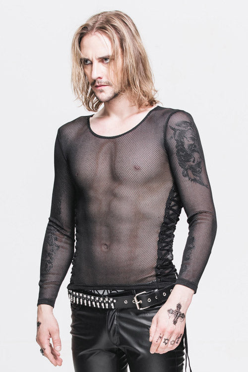 Black Diamond Shaped Mesh Round Neck Long Sleeves Punk T-shirt